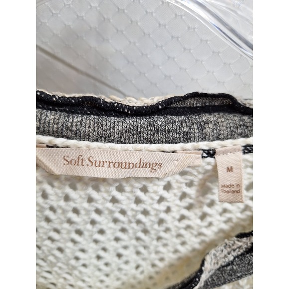 SOFT SURROUNDINGS Crochet Open Knit Sweater Sz M White Black Pockets Lagenlook - Picture 4 of 7